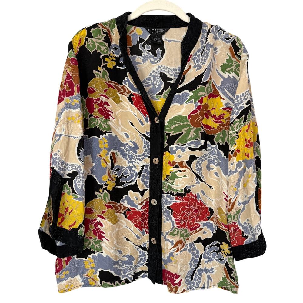 Citron Santa Monica Silk Cardigan Button Blouse S Colorful Asian Art to Wear